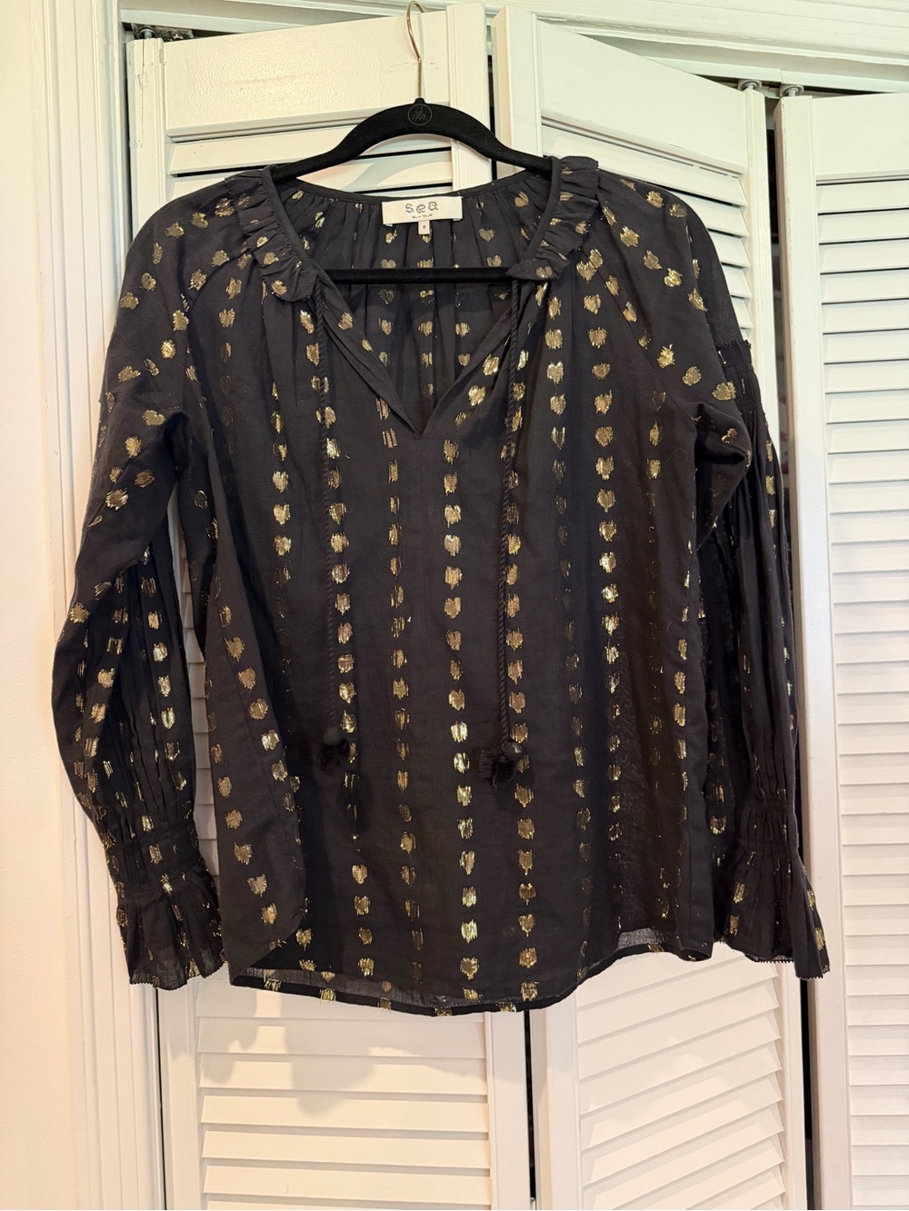 Sea New York Black Long-Sleeve Blouse with Gold Foil Stripe Dots small